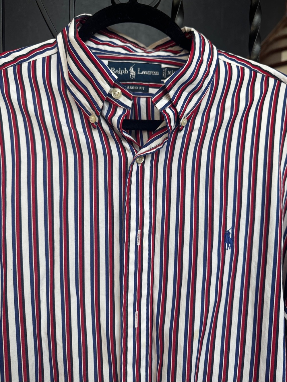 Ralph Lauren Men’s Large Classic Fit Red, White, Blue Striped Button-Down Shirt